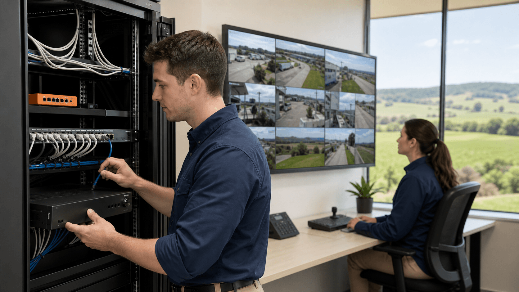 Glowing blue network lines connect CCTV cameras to a central server against a dark digital grid.