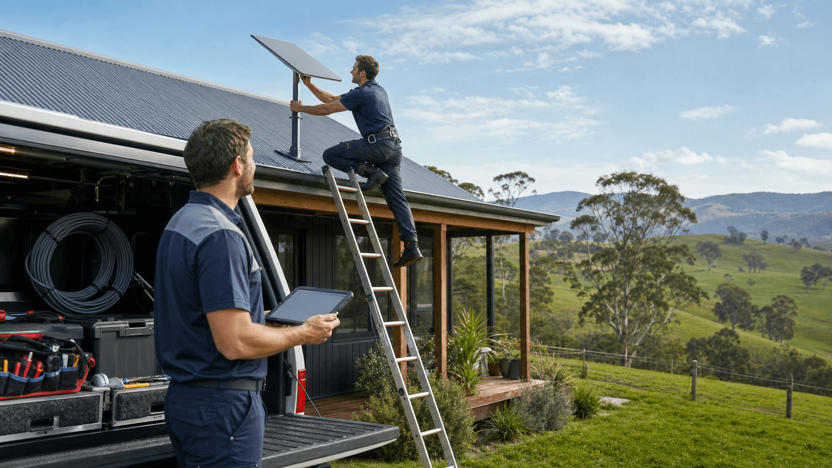 White satellite dish mounted on a farmhouse roof at sunset, overlooking green paddocks and distant hills