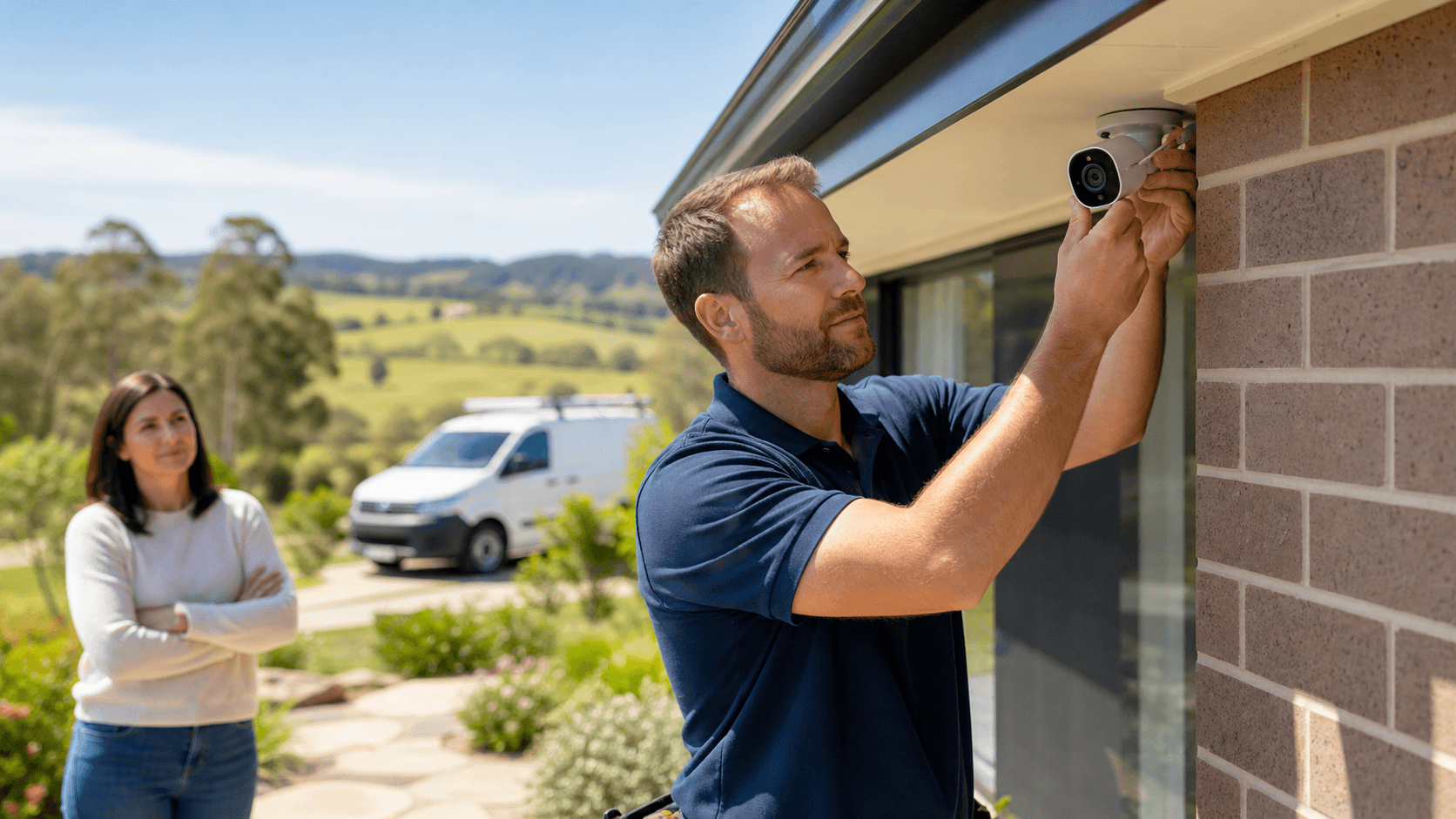 Security camera mounted under a modern home eave, overlooking a sunlit suburban yard.